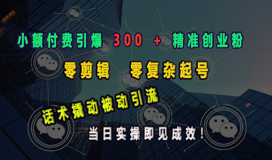 小额付费引爆 300 + 精准创业粉，零剪辑、零复杂起号，话术撬动被动引流，当日实操即见成效！